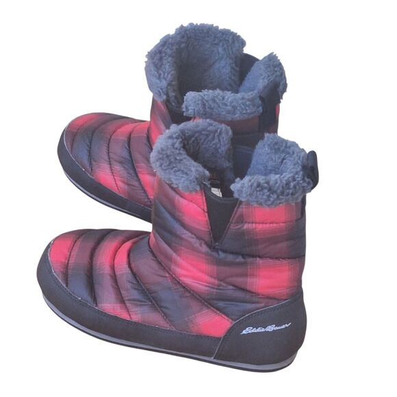 Eddie Bauer Red & Black Plaid Sherpa Lined Thermal Camp Boot Mid Calf Quilted 7 - Picture 13 of 16